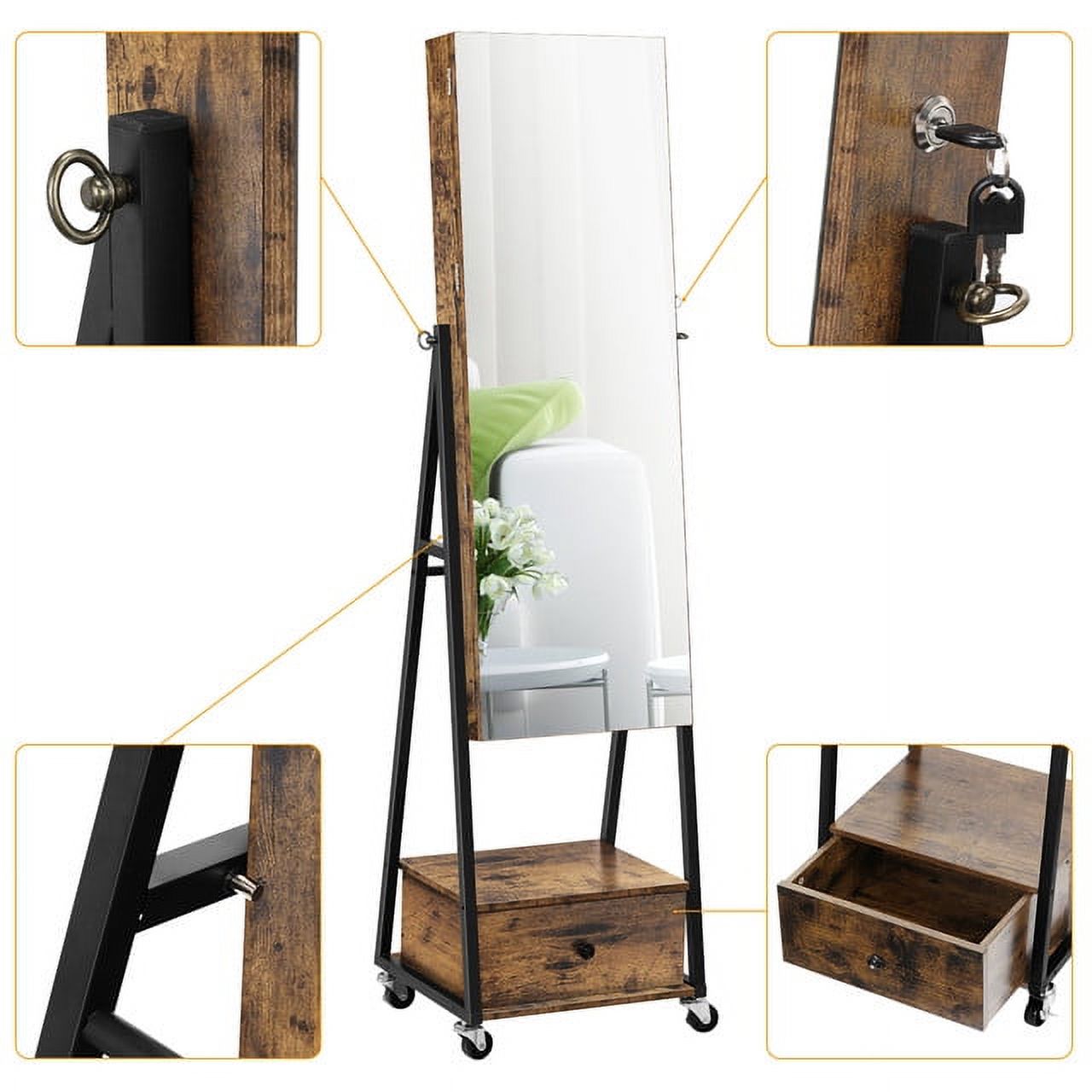 Oumilen Jewelry Armoire on Casters with Chest Drawer in Burnt Wood Brown for Adults