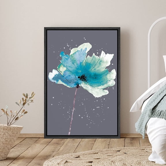 PixonSign Framed Canvas Print Wall Art Blue and White Poppy Botanical Flower Digital Art Modern Art Glam Closeup Colorful Multicolor Ultra for Living Room, Bedroom, Office - 24"x36" Black