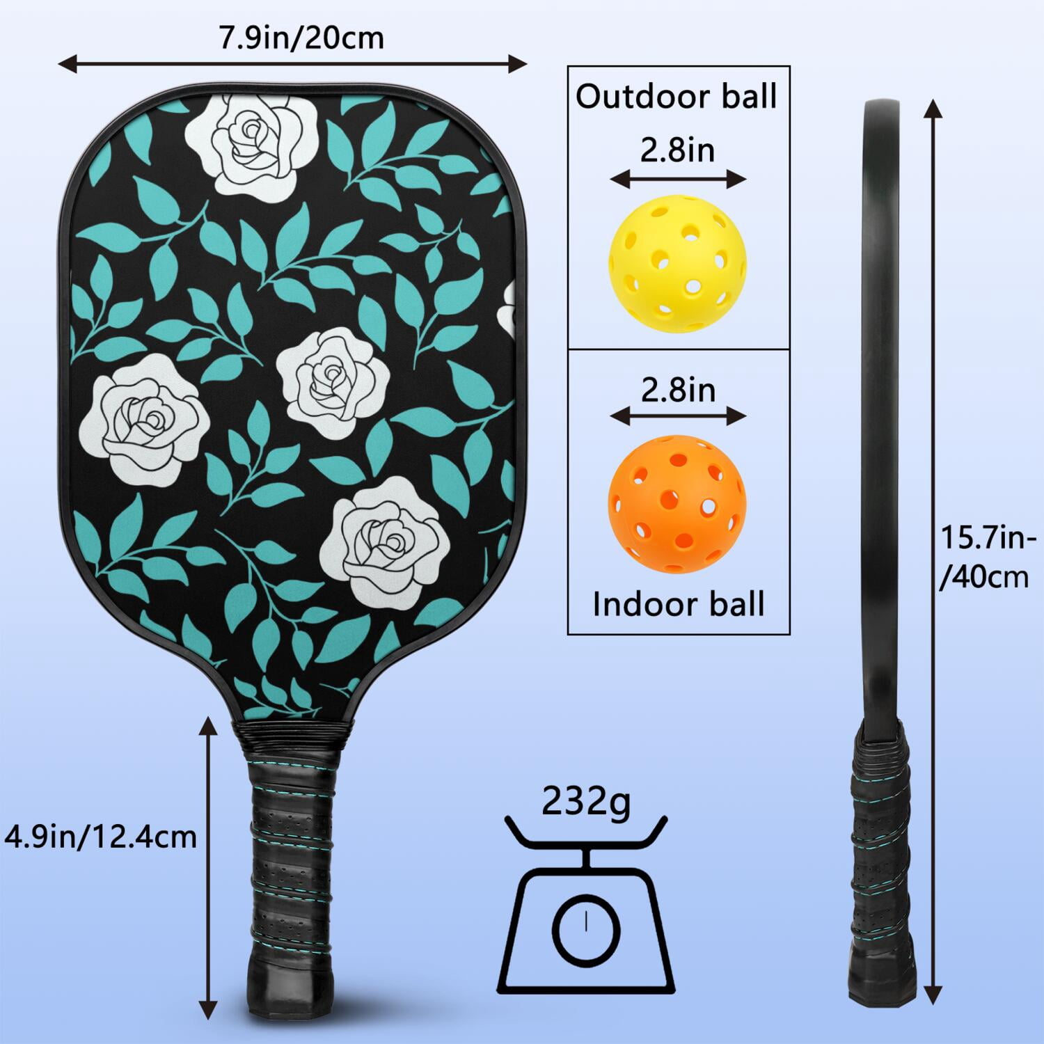 Pickleball Paddles Set Of 1, Fiberglass Surface, Rose Flowers Print, 1 Paddle, 2 Balls & Bag