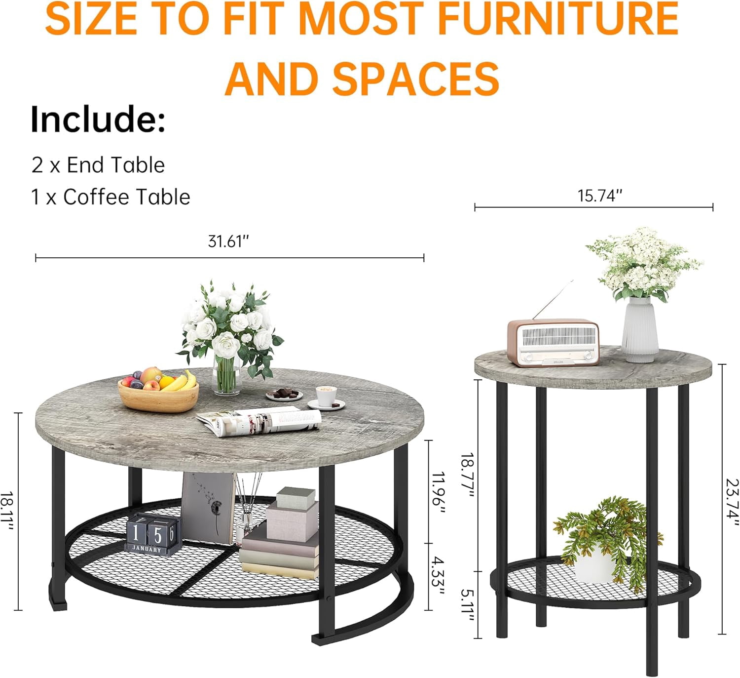 MIERES Round Coffee Table Set of 3, 2-Tier Metal Mesh Storage Shelf Living Room Set with 1 Large Center Table & 2 Small End Tables, Space-Saving Wooden Tea Table for Home Office Apartment, Gray
