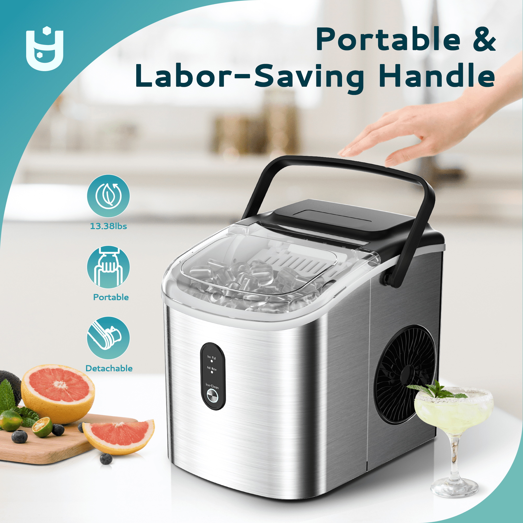 EUHOMY Countertop Ice Maker 26 lbs/Day Portable Self-Cleaning, 9 Bullet Ice in 6 Min, Silver