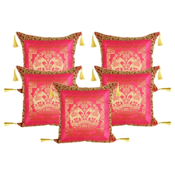Stylo Culture Ethnic Brocade Living Room Throw Pillow Covers Magenta Pink Gold 18 x 18 Jacquard Tassels Couch Cushion Covers 45x45 cm Polydupion Silk Zippered Elephant Pillowcases | Set Of 5