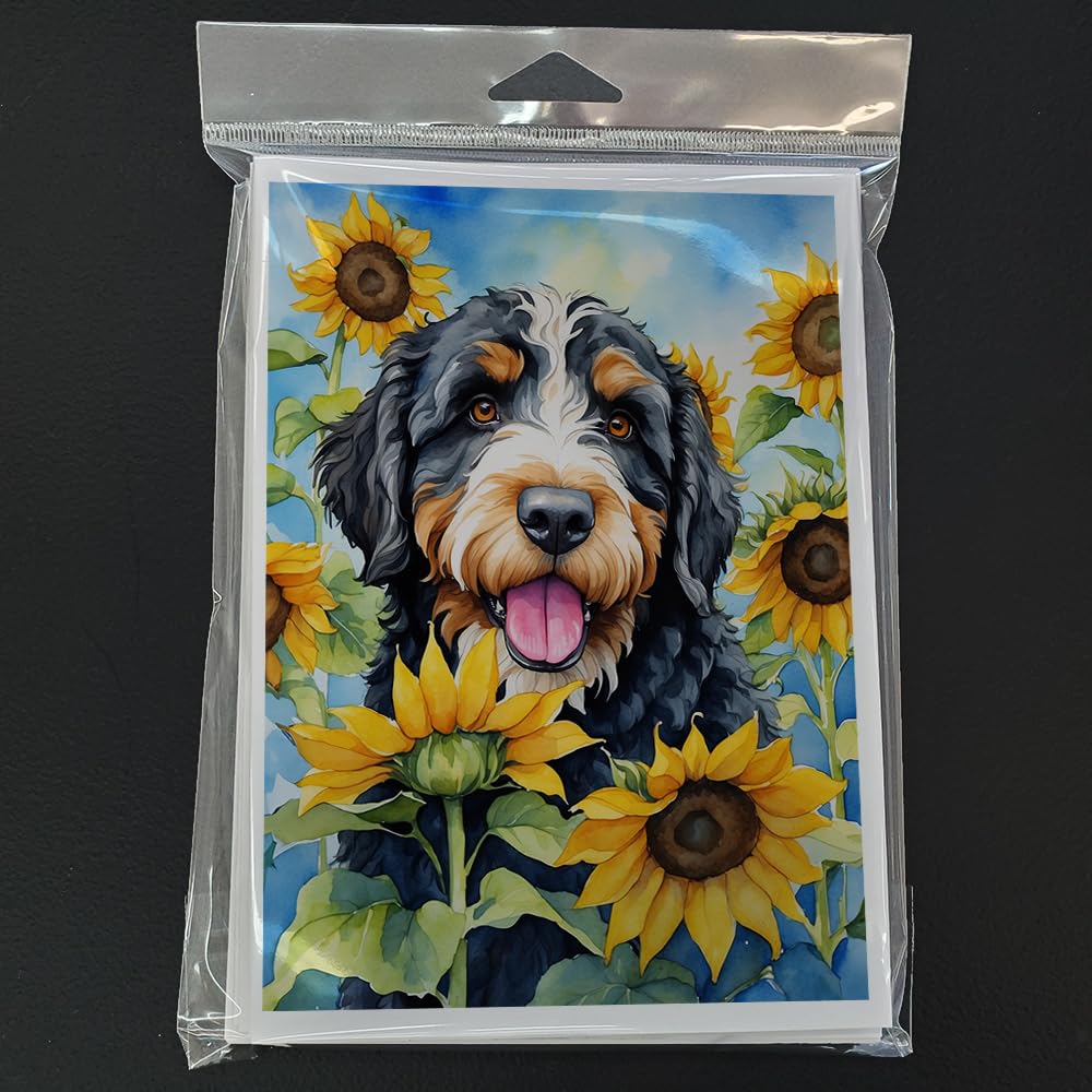 Bernedoodle in Sunflowers Greeting Cards Pack of 8 7 in x 5 in