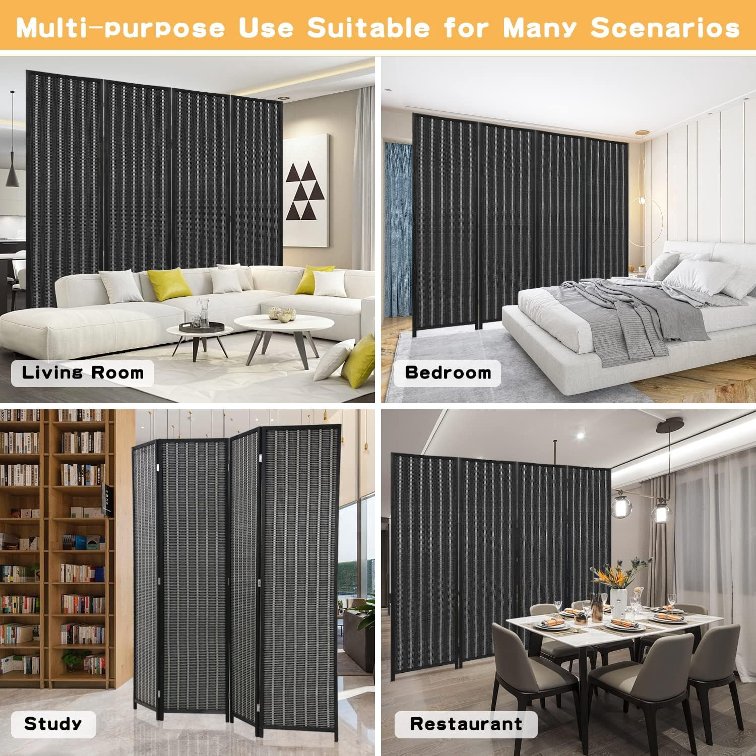 XF XINFENG Bamboo Room Dividers 4 Panel 72" Tall Folding Privacy Screen Partition Wall Divider for Living Room, No Assembly Needed, Black