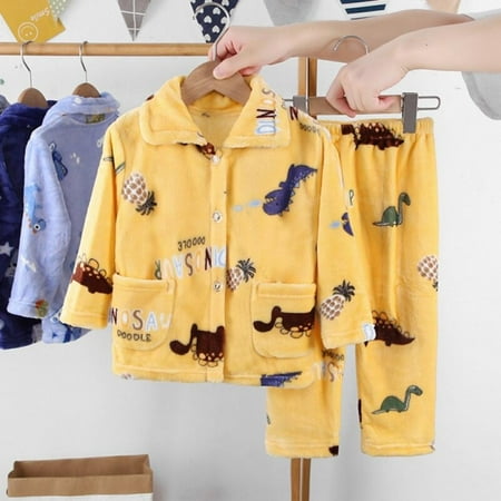 

Elaydool Kids Boys Flannel Pajama Sets Autumn Winter Keep Warm Dinosaur Print Long Sleeve Lapel Tops with Pants Sleeping Clothing Sets