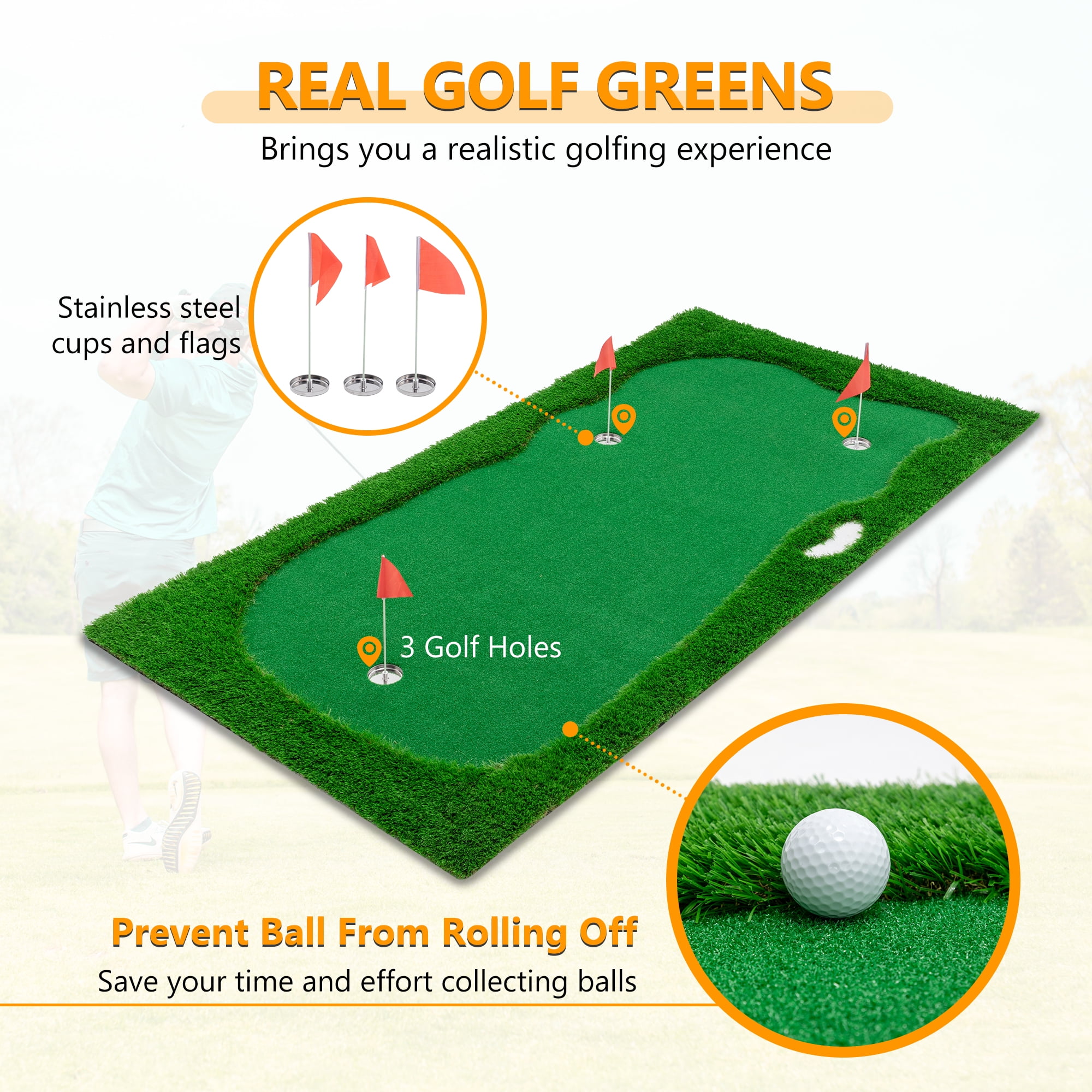 EUROCO 10x5FT Golf Putting Green, Indoor/Outdoor Golf Training Mat, Professional Golfing Practice with 3 Holes, 3 Flags and Cup
