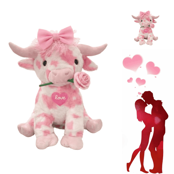 Adorable Pink Highland Cow Plush with Rose, Floppy Dairy Cattle Soft Stuffed Animal Cute Birthday Gifts for Women Men, Valentine's Day/birthday Present, New Year Home Decor