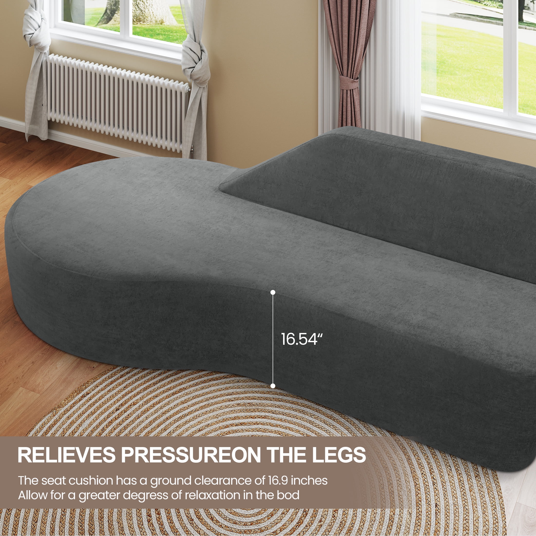 Jinyeda 91 " Curved Chaise Couch Memory Foam Sofa for Home Office, Installation Free, Velvet, Gray