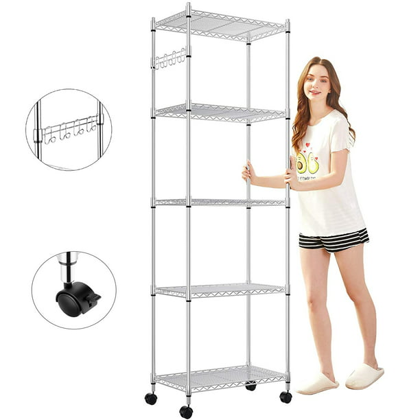 5 Tier Shelf Wire Shelving Racks With, Metal Shelving Unit With Casters