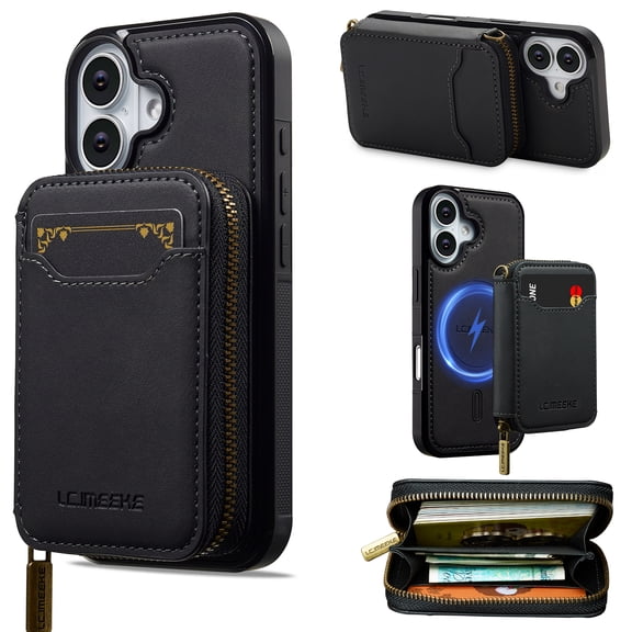 Dteck for iPhone 17 Wallet Case with Zipper Purse Compatible with MagSafe, Magnetic RFID Blocking Card Holder 2 in 1 Detachable Phone Cover,Black