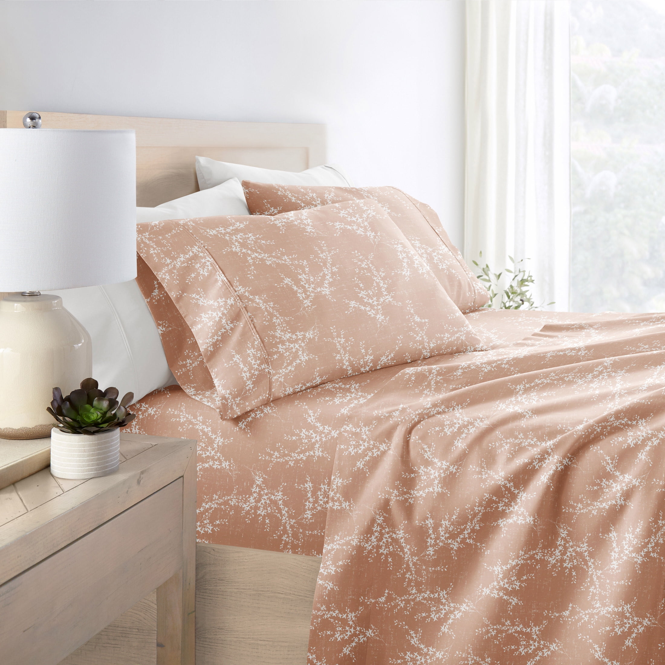 Noble Linens 4 Piece Pattern Microfiber Bed Sheets Set, Distressed Willow Apricot, King