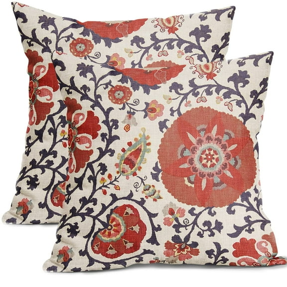 ABSOP Vintage Floral Throw Pillow Covers Set of 2 Chinoiserie Pillow Covers 18x18 Inch Boho Bohemia Flower Linen Square Cushion Covers For Living Room Sofa Bedroom Home Decor