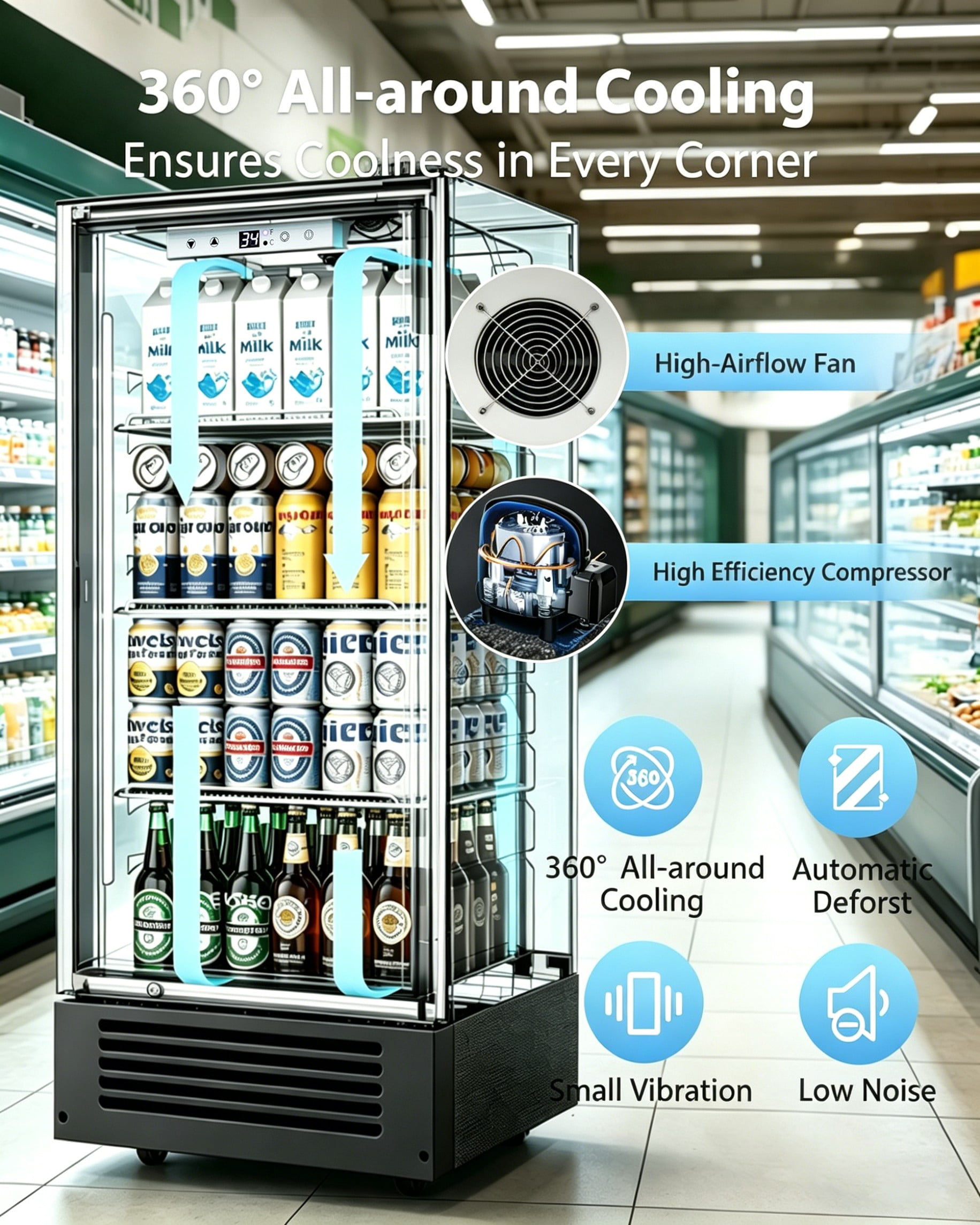 Auseo Commercial&Residential Display Refrigerator,Beverage Refrigerator with Double Tempered Glass Door, 34℉–50°F Drink Fridge for Home/Office/Bar/Restaurant