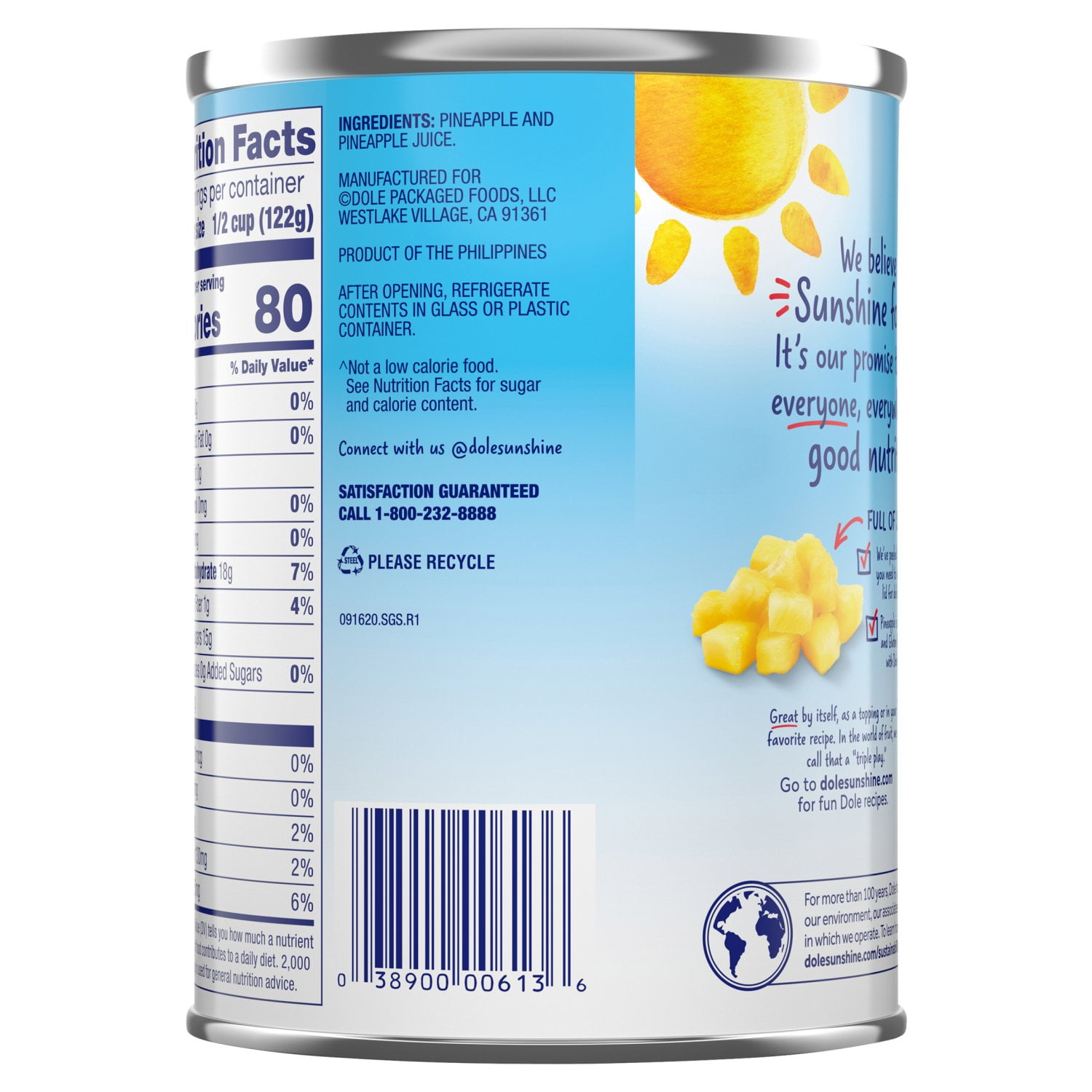 (6 pack) Dole Pineapple Crushed In 100% Pineapple Juice 20 oz Package May Vary