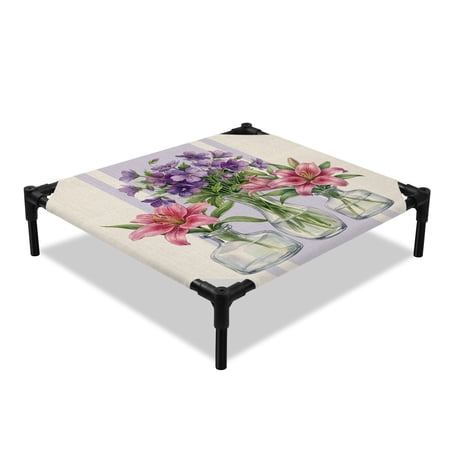 Summer Floral Elevated Dog Bed Watercolor Lily Rustic Farmhouse Flowers Linen Texture Cooling Breathable Outdoor Raised Dog Cot Bed with Metal Frame Non-Slip Feet for Small Dog 20x20in