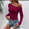 thumbnail image 3 of XRoczxe Women Off Shoulder Long Sleeve Top Ruched Slim Fit Solid Blouse Soft Stretch Casual Shirt, Can Be Worn Alone or Layered, 3 of 6