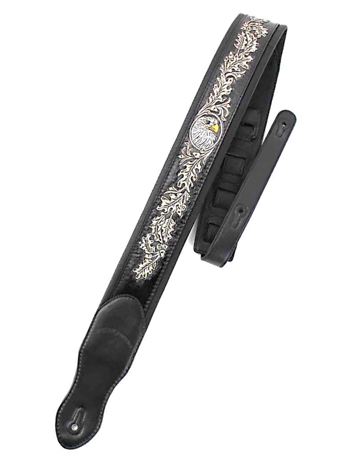 Walker & Williams KB-03-BLK Soft Matte Black Full Grain Center Block Carving Leather Padded Guitar Strap With American Eagle & Oak Leaves