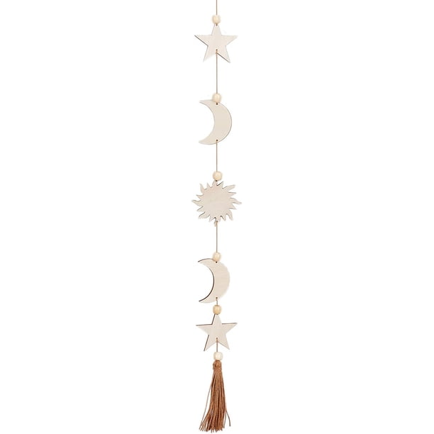 Decoración colgante de pared con forma de estrella y luna, de madera, con borlas de trigo.