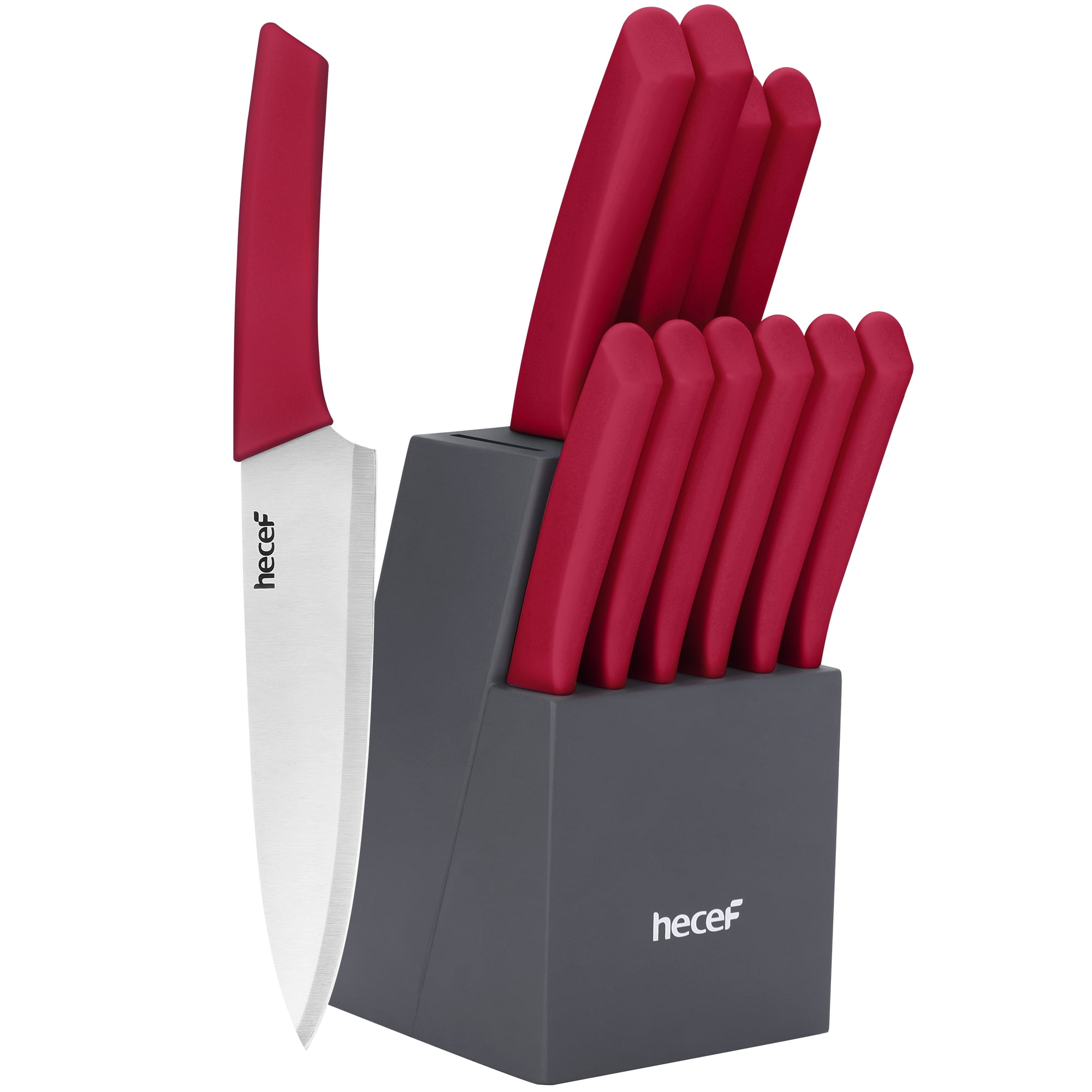 Hecef 12 Pcs Kitchen Knife Set with Wooden Block, Steak Knives, Stainless Steel Chef Knife