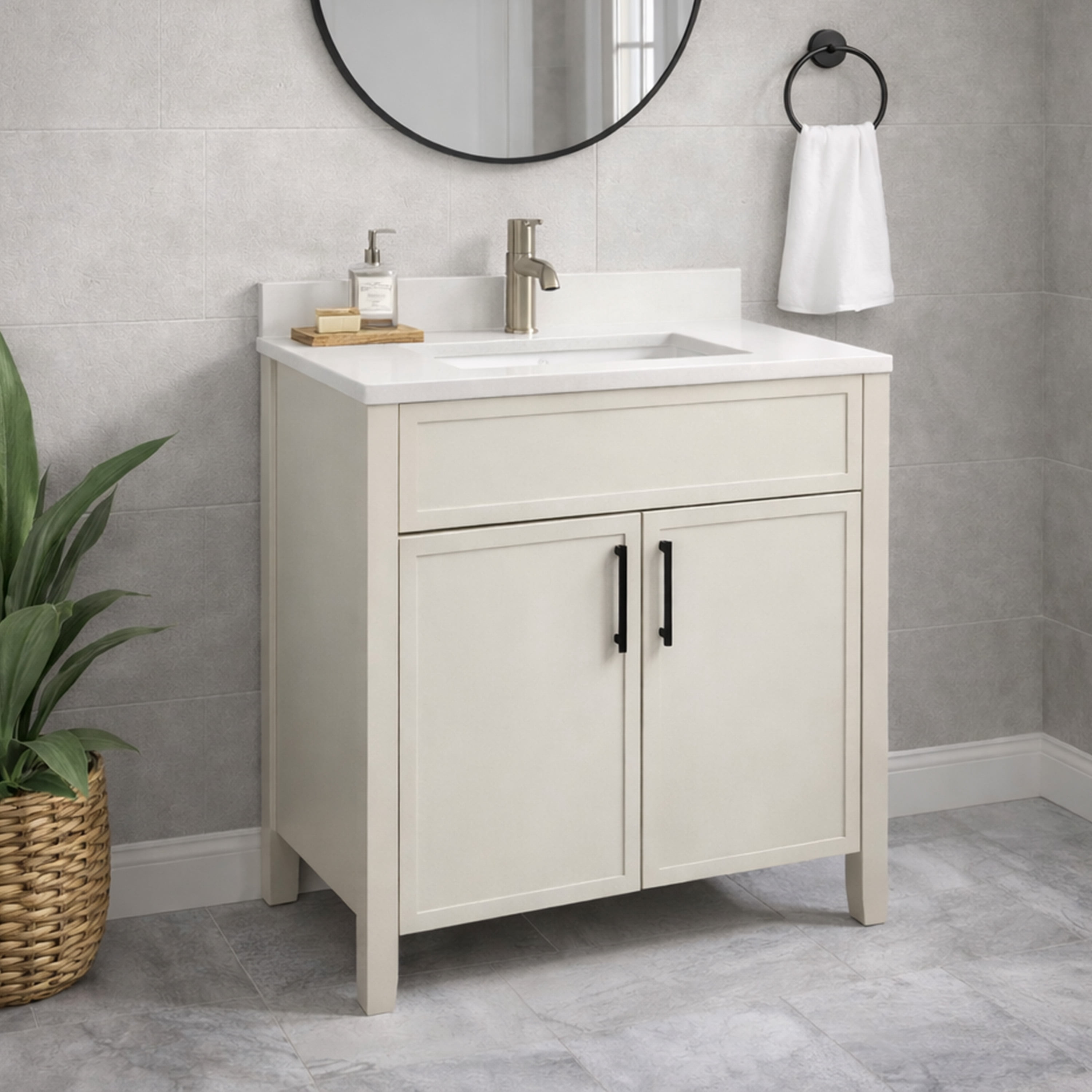 Design House Dawson 30-Inch Bathroom Vanity Cabinet, Ready to Assemble, 2-Door Freestanding, Comfort Height 34 in., Sherwin-Williams® On the Rocks, Matte Black Hardware, 228429-OTR-RTA
