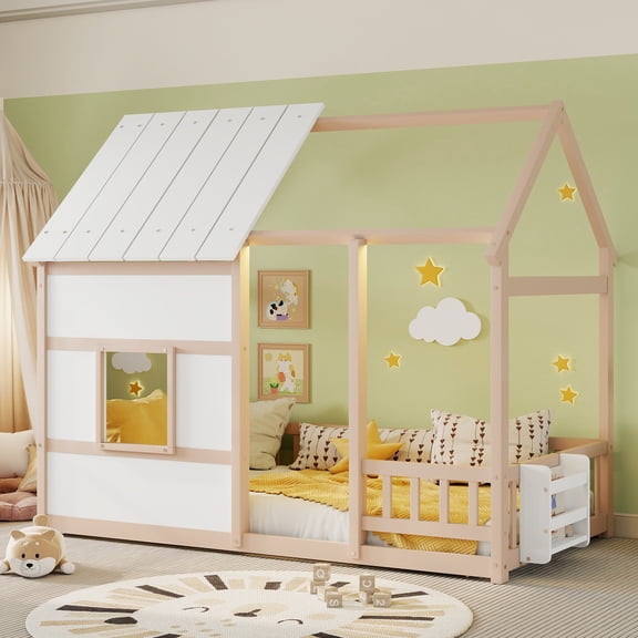 Miniyam Montessori Floor Bed with Roof and Guardrails, Kids House Bed Frame with LED Lights and Bookshelf, Natural Wood & White