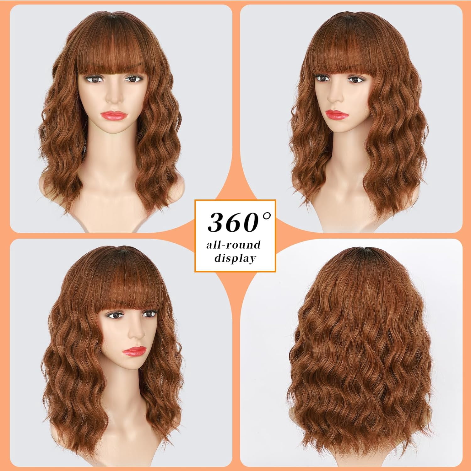 Wig with Bangs Short Bob Wigs for Women Shoulder Length Wavy Curly Wigs Synthetic Fiber Wigs 14 Inches for Daily Party Use