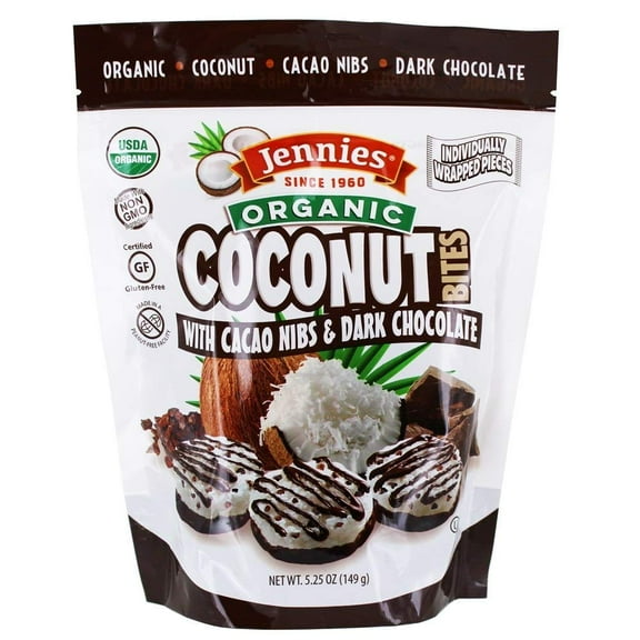 Jennies Organic Coconut Bites with Cacao Nibs, 5.25oz Glten Free, Non-GMO, Peanut Free, Kosher