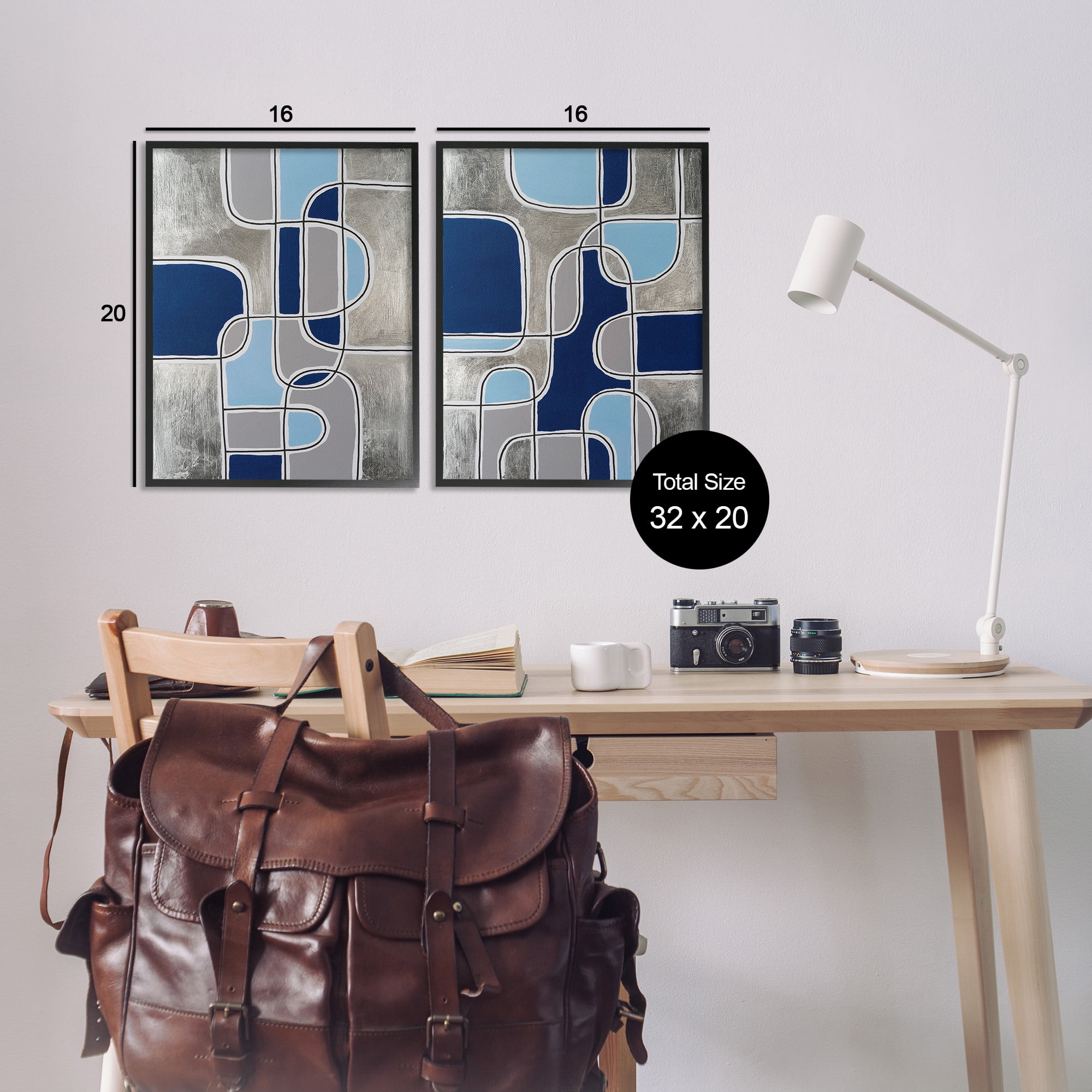 Stupell Industries Blue & Grey Geometrics Abstract Painting Black Framed Art Print Wall Art, 16 x 20, Set of 2