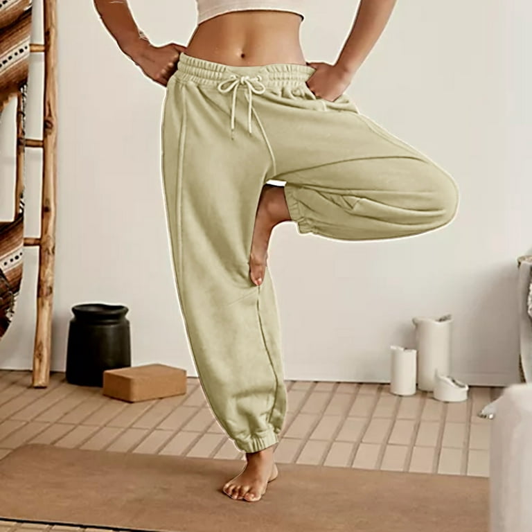 Womens Wide Leg Sweatpants Elastic Waist Pockets Cinch Bottom Loose Casual  Jogging Yoga Workout Sweat Pants (X-Large, Beige)
