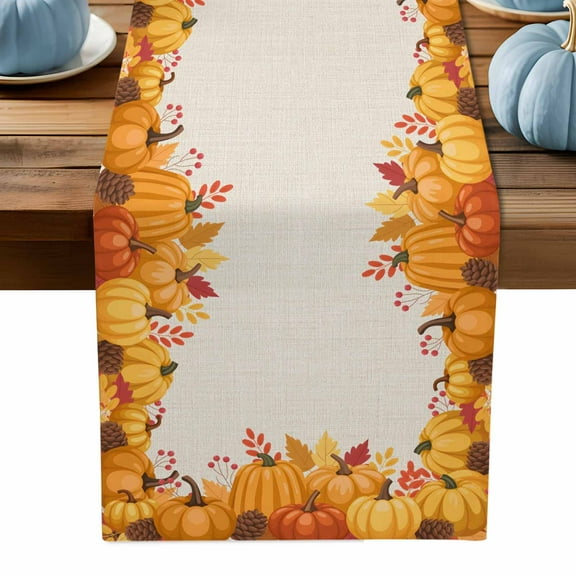 ERUNPONLY Orange Pumpkins Fall Table Runner - 90 Inch Long Thanksgiving Botanical Pine Cones Cotton and Linen Blended Dress Scarves Farmhouse Table Runner for Kitchen Dining, Coffee Table, 13" x 90"