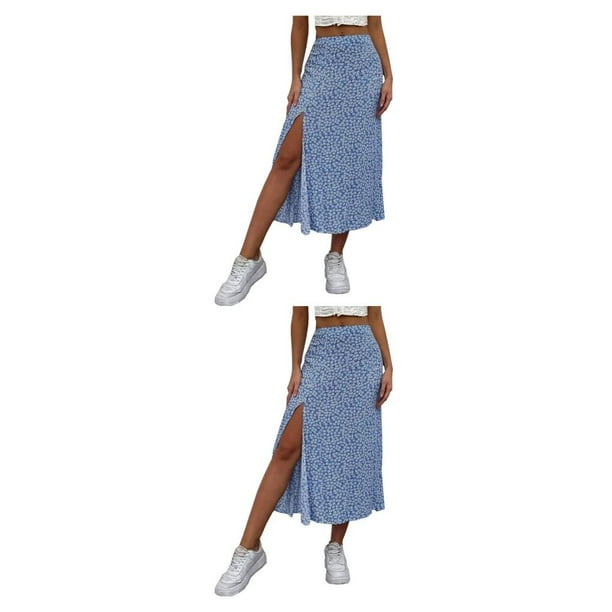 Qarigey larga con abertura floral estampada Bohemian Beach Vacation Holiday Work Moda femenina Accesorios de ropa de verano Azul oscuro S 2Conjunto