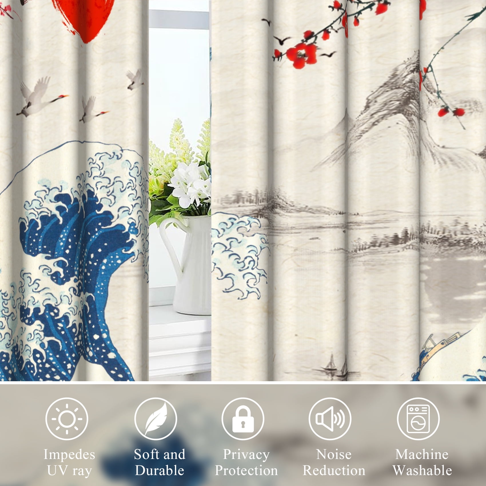 Japanese Cherry Blossom Blackout Window Curtains for Living Room,Noise Reducing Curtains,52x84 Inch,Set of 2