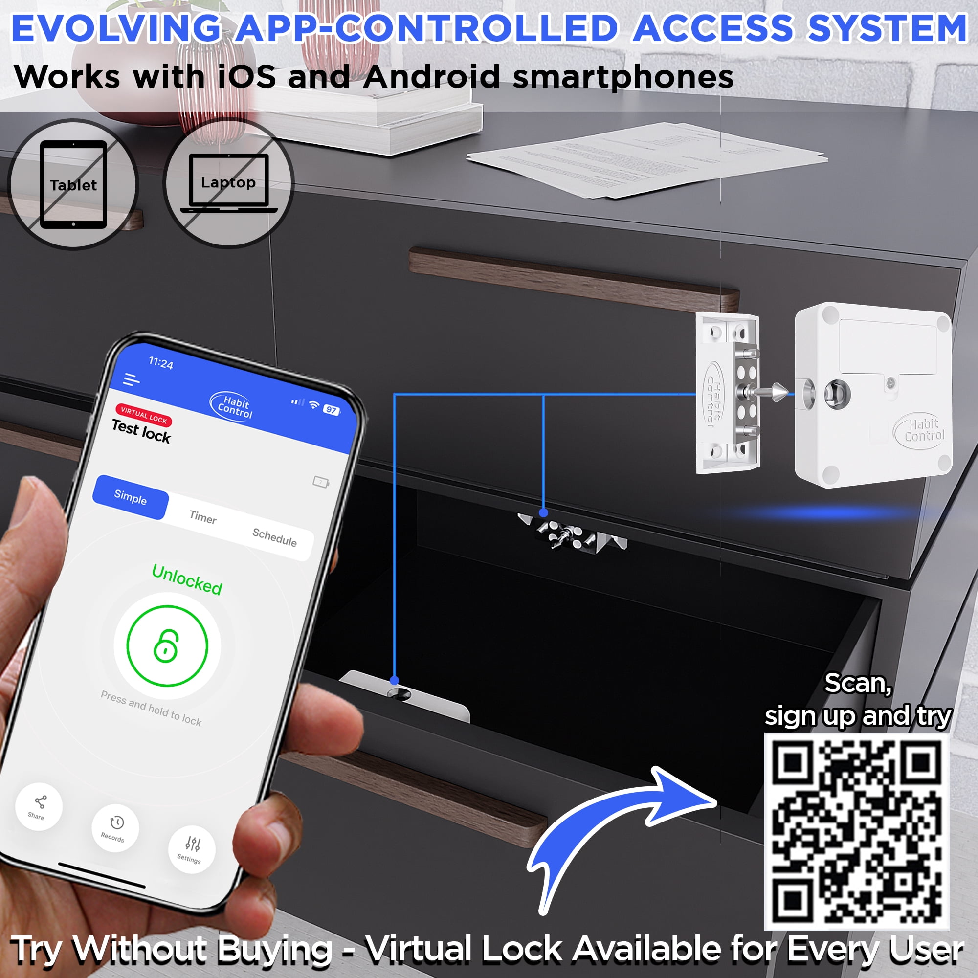 Habit Control Schedule Timed Lock - Bluetooth Hidden Cabinet & Drawer Locking System - App-Controlled Access for Snacks, Food, Alcohol - Admin & Guest User Levels - Self-Control Mode - Unlock History