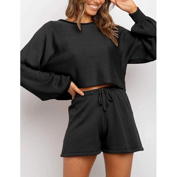 Conjunto de 2 piezas de punto para mujer: top corto con mangas abullonadas, pantalones cortos, suéter y chándal
