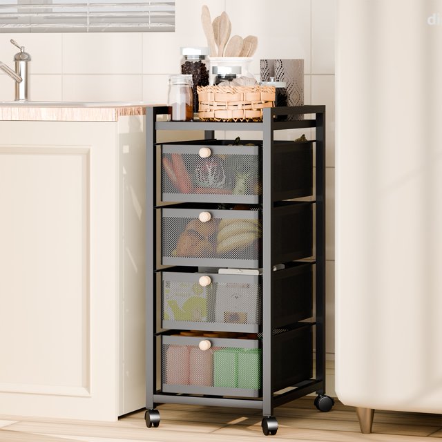 Andvari Slim Rolling Storage Cart with Pull-Out Basket, Metal Wire Shelf for Kitchen Vegetables
