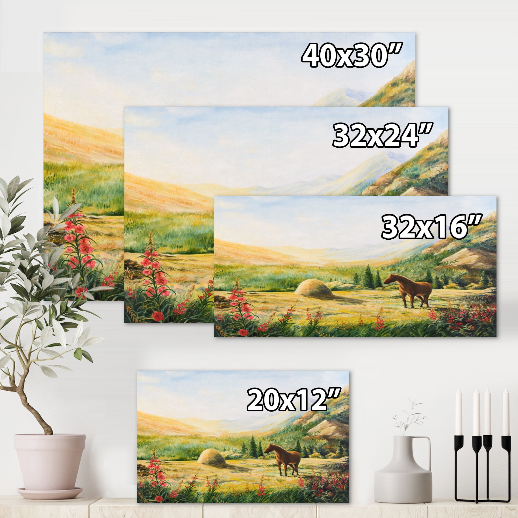 Designart ' Sunrise In The Mountains With Horse ' Farmhouse Canvas Wall Art Print