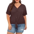 thumbnail image 3 of Cueply Womens Plus Size Tops Short Sleeve V Neck Waffle Knit Tunic Blouse Tie Front Button up T Shirts, 3 of 5
