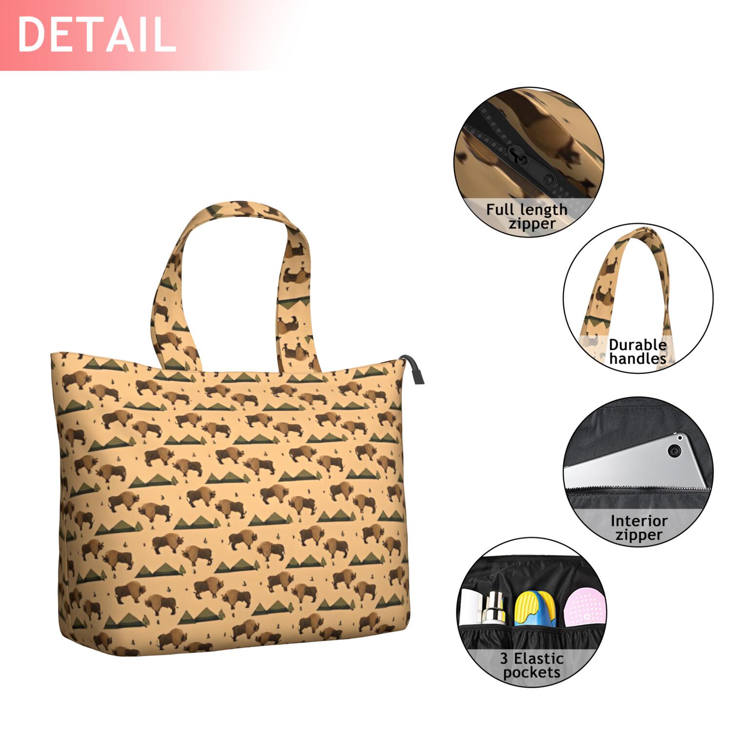 Beige Buffalo Pattern Travel Tote Bags for Women Carry On,Large Weekender Bags for Women Travel,Multi Functional Duffle Bag for Work,Shopping,Sports