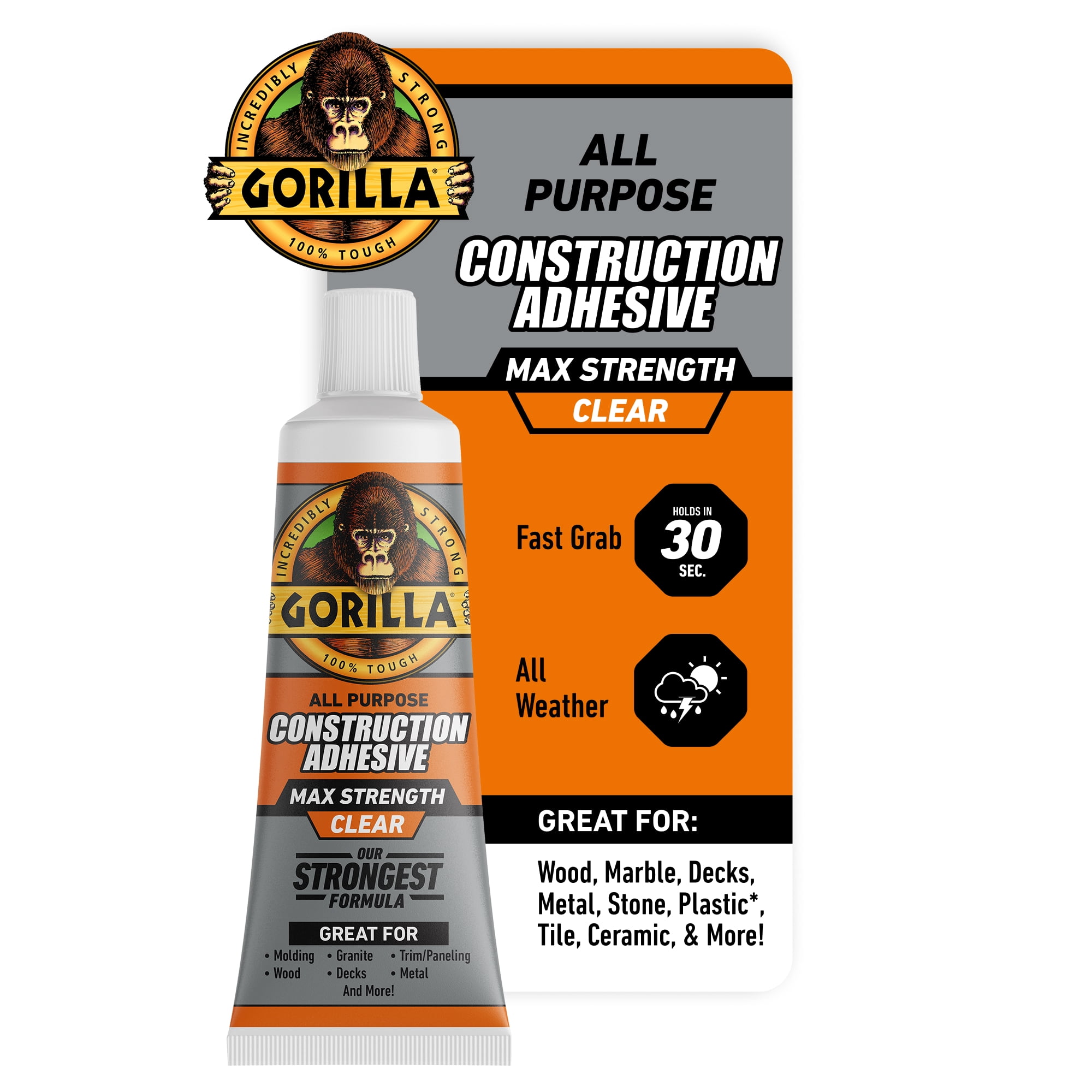 (2 pack) Gorilla Max Strength Construction Adhesive, Clear Glue, 2.5 Ounce Squeeze Tube - Gap Filling and Waterproof
