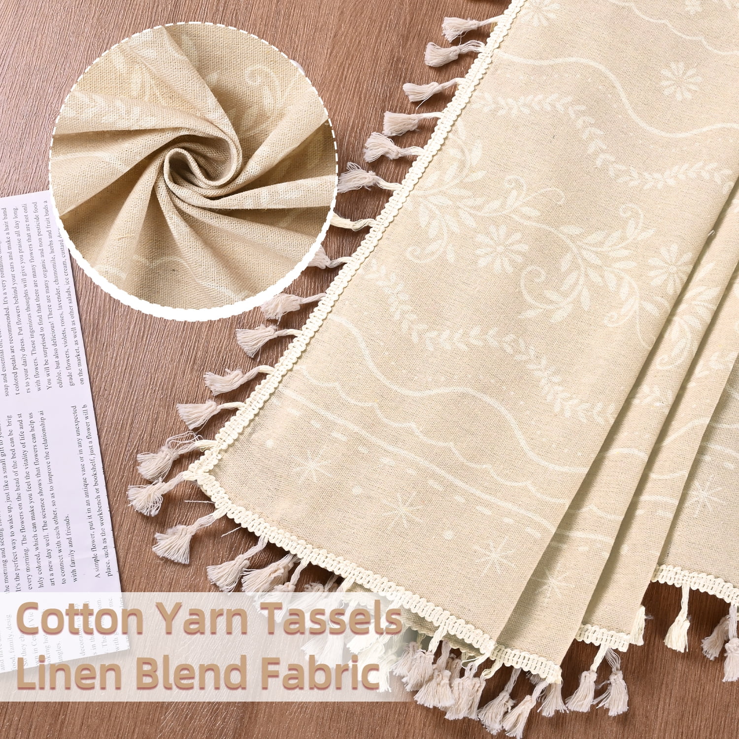 Invoibler Boho Farmhouse Beige Filtering Window Curtains, Linen Blend Drapes with Tassels & White Pattern, 52" x 84", Set of 2