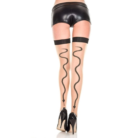 Music Legs Women's Snake Print Backseam Beige Thigh High Stockings