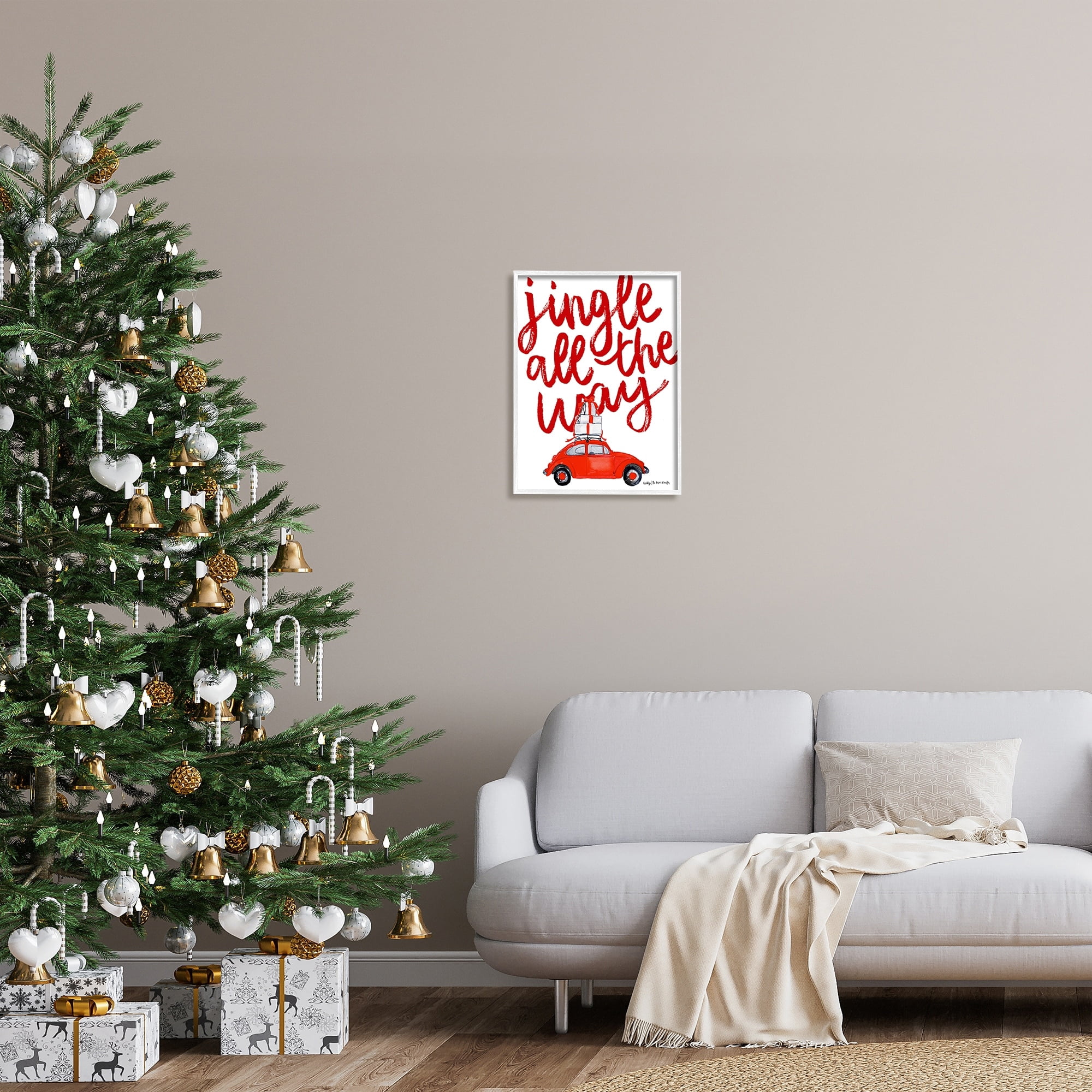 Stupell Industries Jingle All The Way Holiday Gifts Red Car Driving Graphic Art White Framed Art Print Wall Art, Design by Cecily Moore