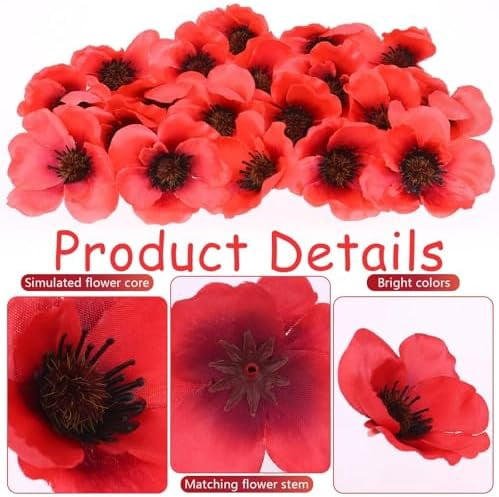 Set of 150 Red Poppy Artificial Flowers Fake Flowers Poppies Head Fake Wildflowers with 6 Inch Flower Branch for Memorial Veterans Day Remembrance Sunday Bouquet Corsages Home Kitchen Decor$$