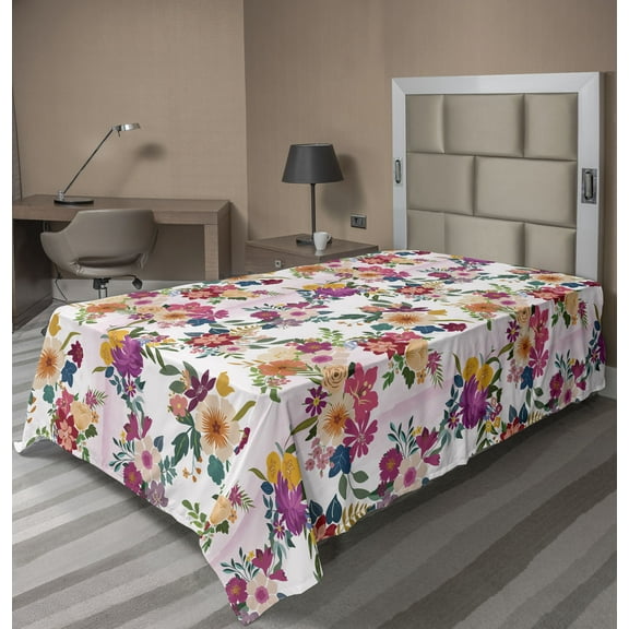 Ambesonne Floral Isnpiration Flat Bedding Sheet Soft Top Sheet, Spring Bouquet, Twin, Beige Maroon and Multicolor