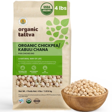 Organic Tattva Kabuli Chana Whole 4LB, Unpolished Garbanzo Beans (Chickpeas), Rich in Protein, Kosher, Gluten Free, USDA Certified