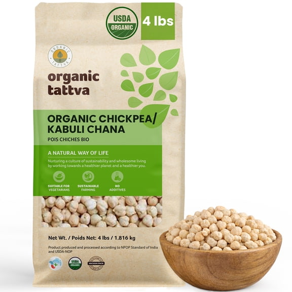 Organic Tattva Kabuli Chana Whole 4LB, Unpolished Garbanzo Beans (Chickpeas), Rich in Protein, Kosher, Gluten Free, USDA Certified