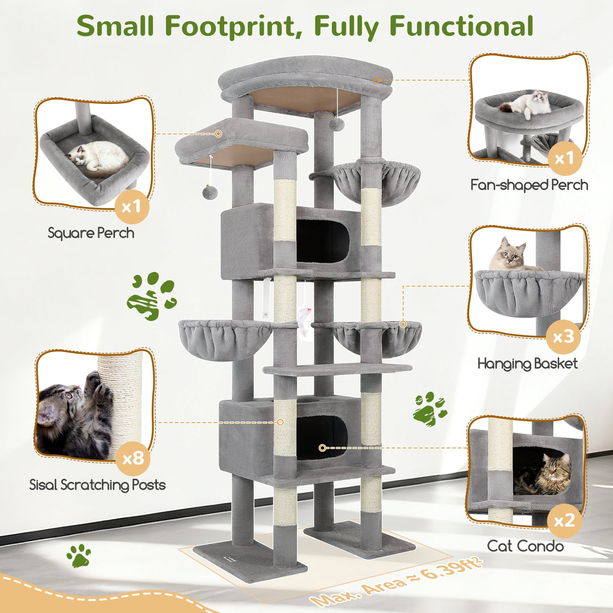 Globlazer 84" Multilevel Large Cat Tree Tower for Indoor Cats with 2 Condos, 3 Hanging Baskets & 8 Scratching Posts, Light Gray