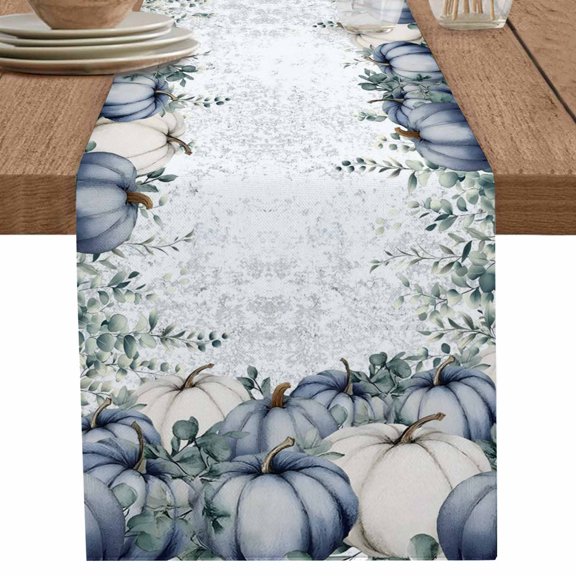 nqOlkjepod Blue Pumpkins Fall Table Runner 72 Inches Long Farmhouse Dress Scarves, Vintage Eucalyptus Leaves Thanksgiving Dining Tablerunner for Coffee Table/Kitchen Island/Party Décor, 13" x 72"
