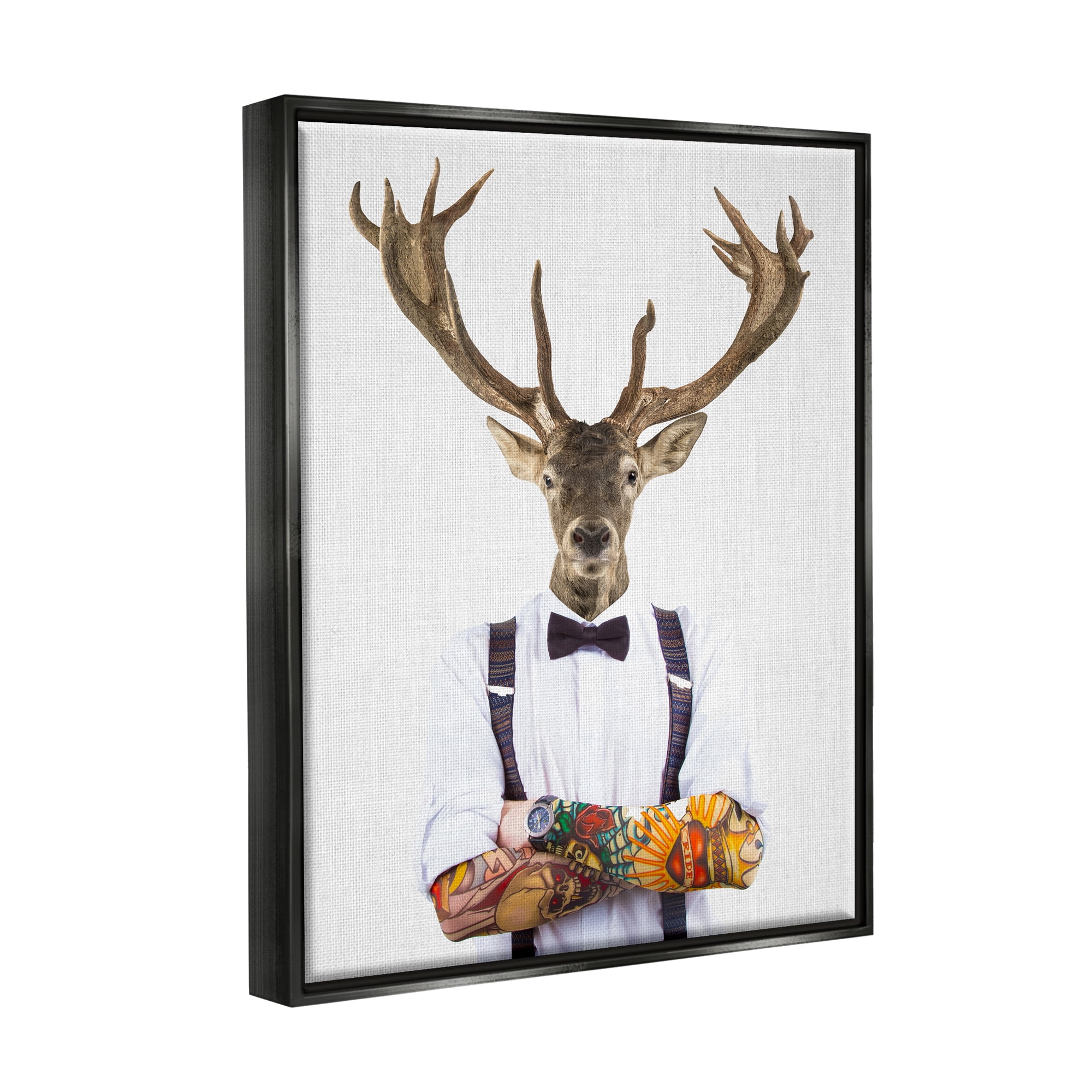 Stupell Industries Tattooed Hipster Deer Antlers Suspenders Bowtie Outfit Jet Black Framed Floating Canvas Wall Art, 16x20, by Tai Prints