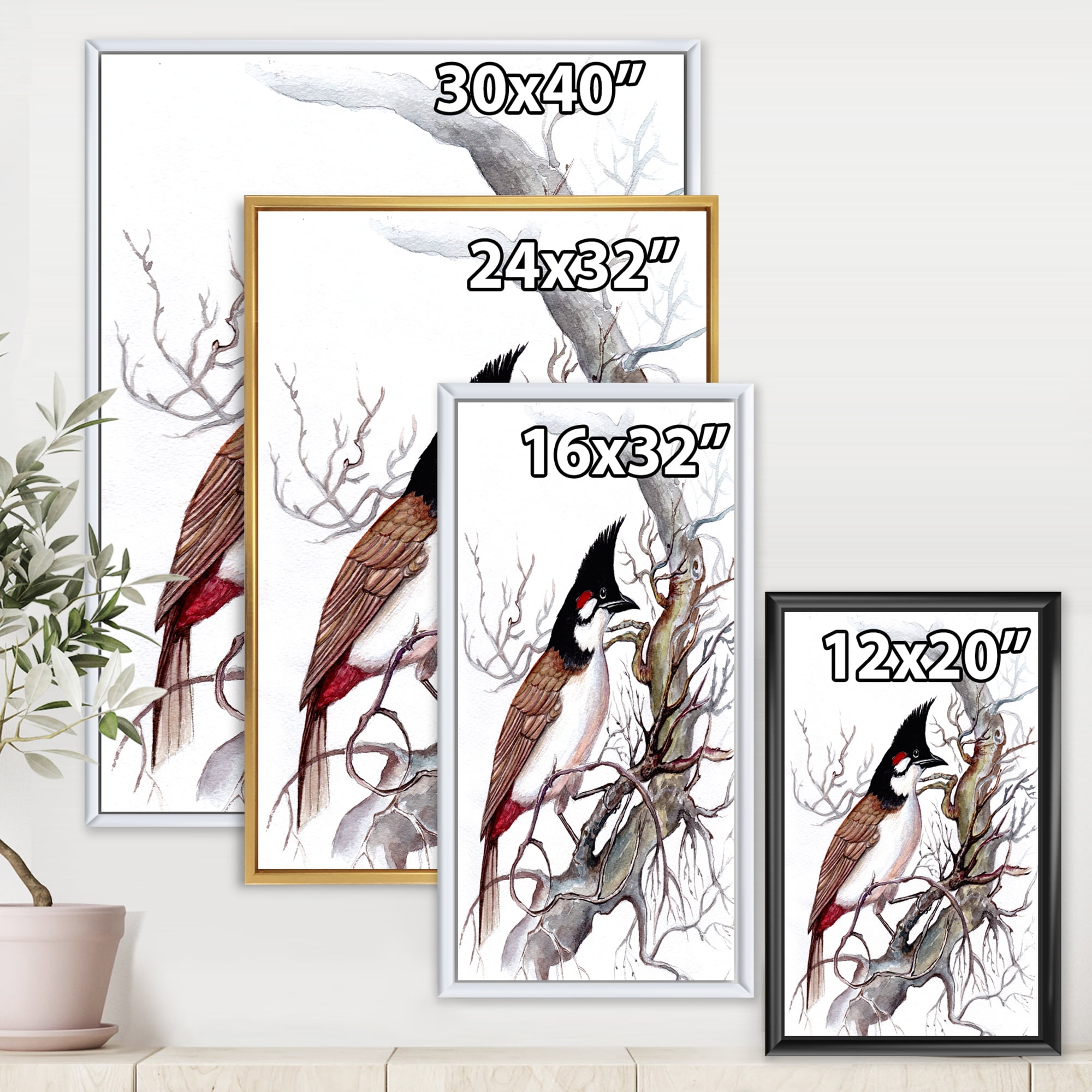 Designart 'Ancient Beautiful Bird On A Branch' Traditional Framed Canvas Wall Art Print